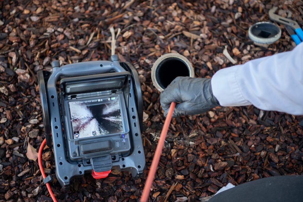 Technician runs inspection camera sewer scope down drain