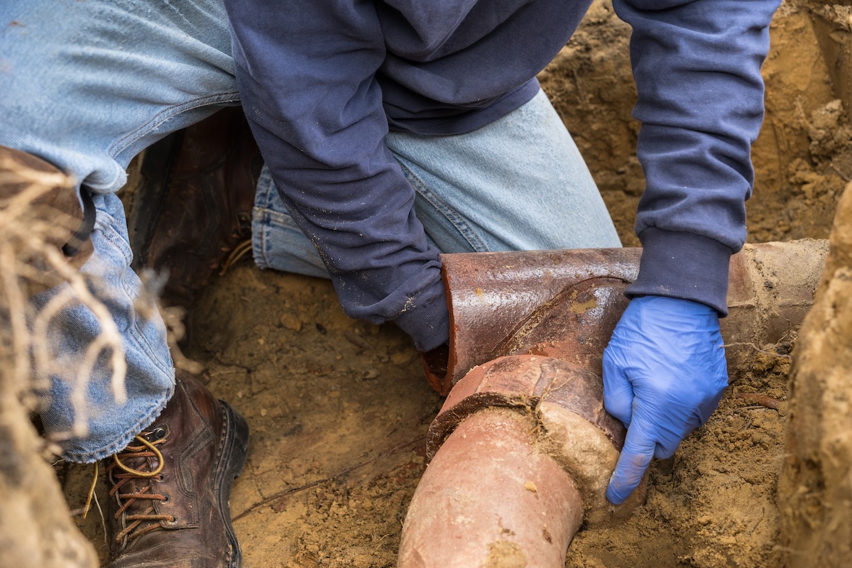 Closeup shot of man digging tree roots out of an old ceramic sewer pipe in a hole in the ground, pointing at the area where tree roots have invaded the joint in the pipe.