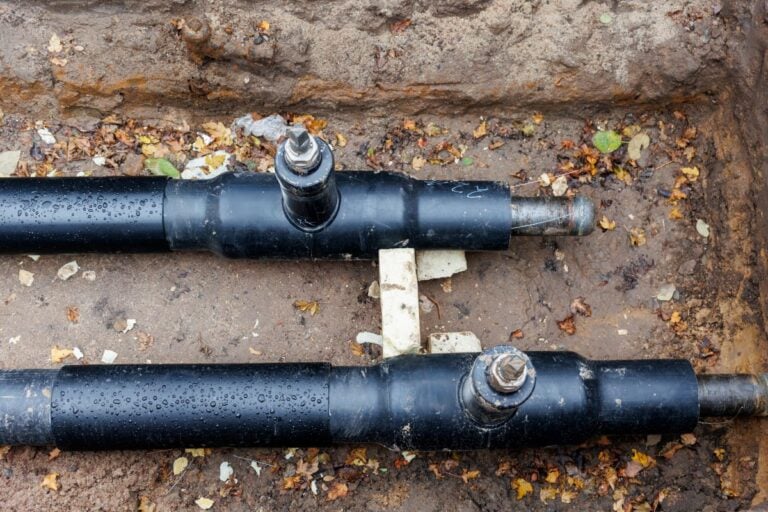 New modern insulated urban pipeline installation construction site exposed underground pipes in shored trenches