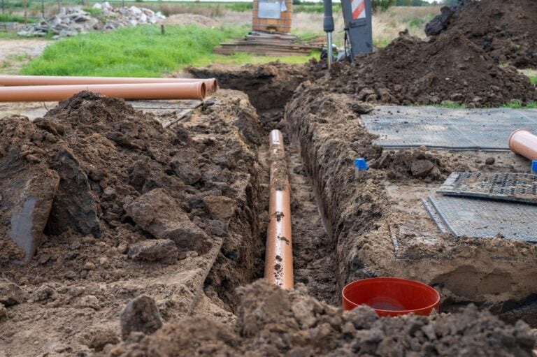 Sewer Pipe Installation in Ground Trench at Residential Construction Site.