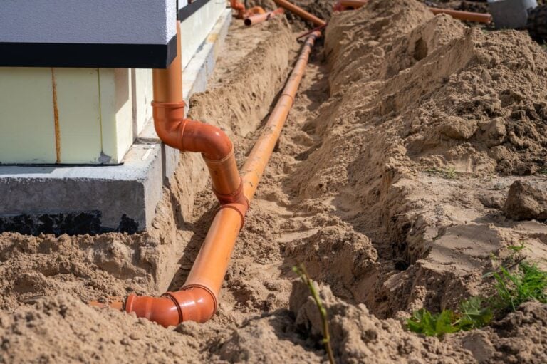 Underground drainage pipe installation next to residential building foundation during construction
