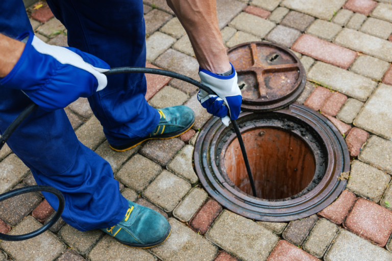 Technician performing hydro jetting to clear clogged outdoor sewer line through driveway cleanout opening