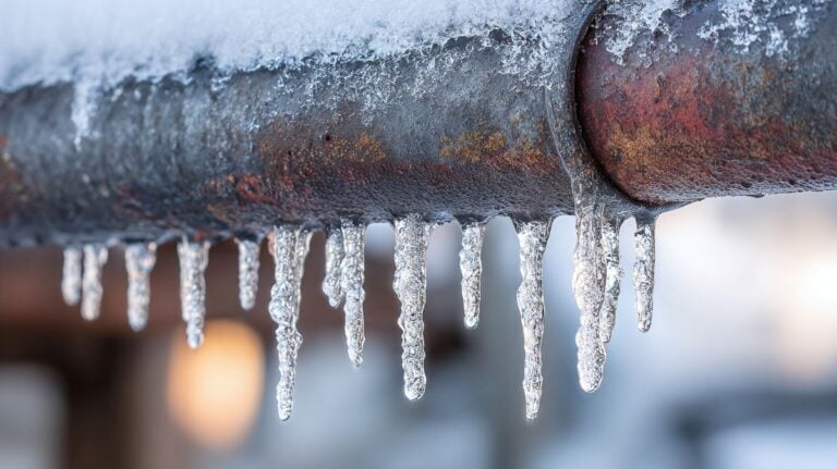 Close up of frozen pipes covered in ice and icicles