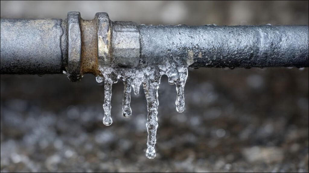 Frozen icicles hanging on gray metal pipe