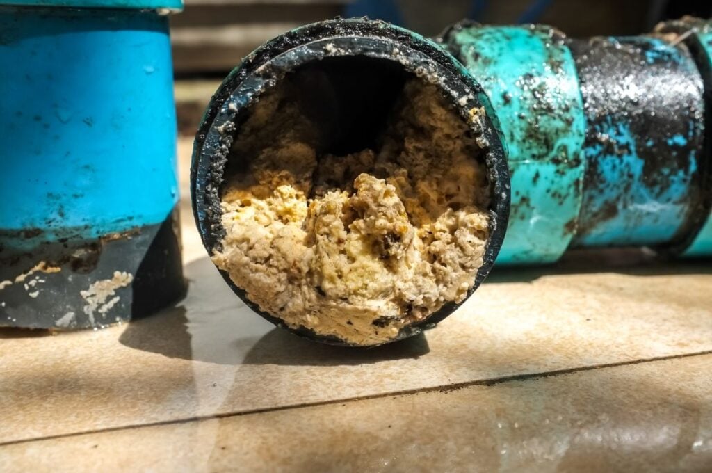 A pipe clogged with thick fats, oil and grease