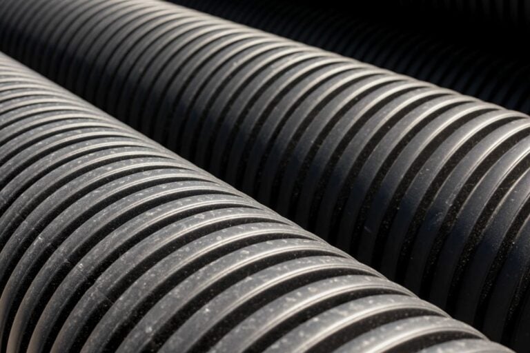 Rows of black corrugated plastic drainage pipes stacked together