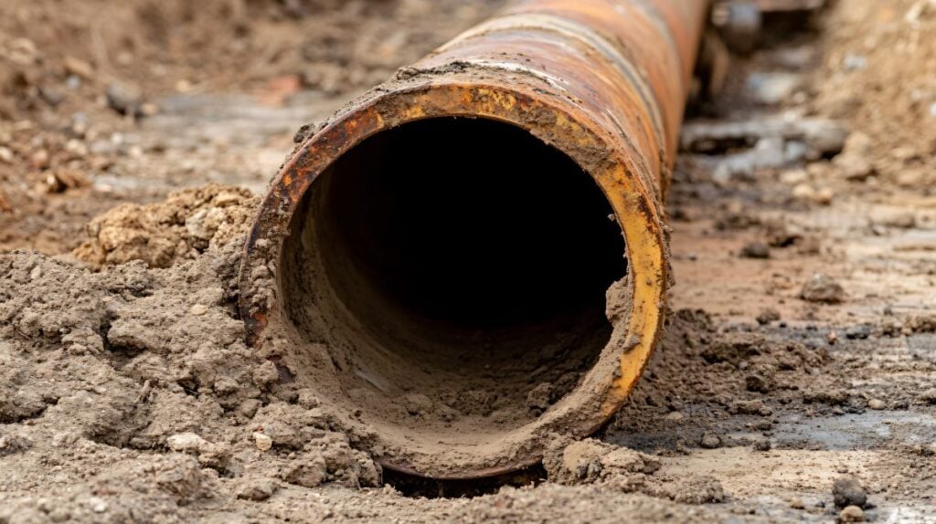 Close up of an exposed clay drainpipe