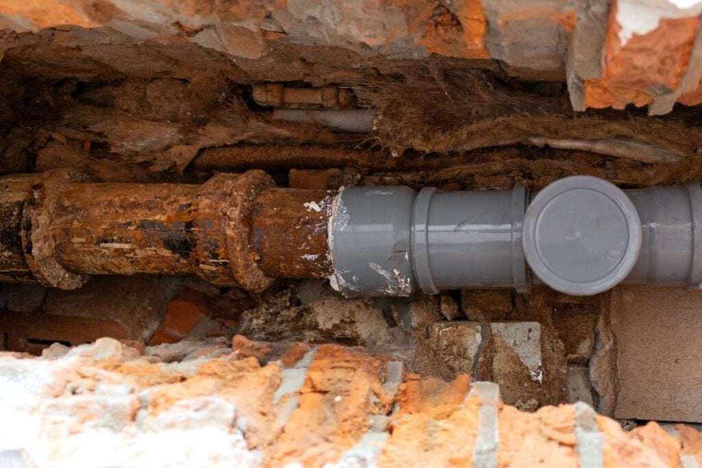 Partial replacement of the old cast iron pipe with a new plastic one.