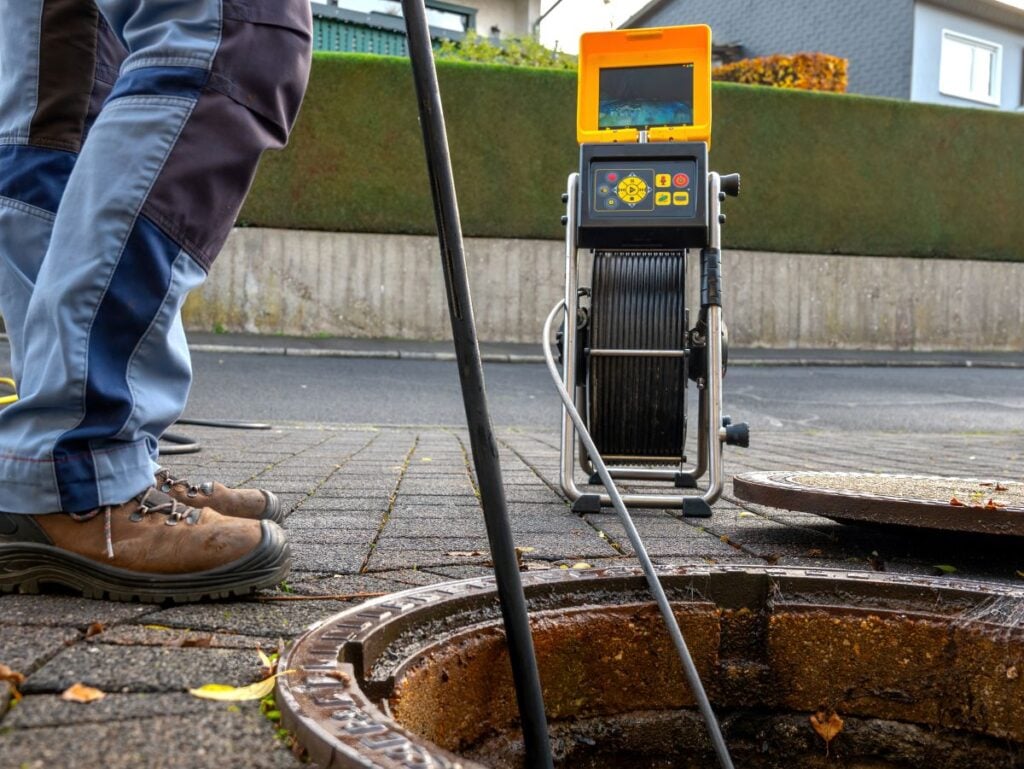 A drain cleaning company checks a blocked drain with a camera before flushing it out
