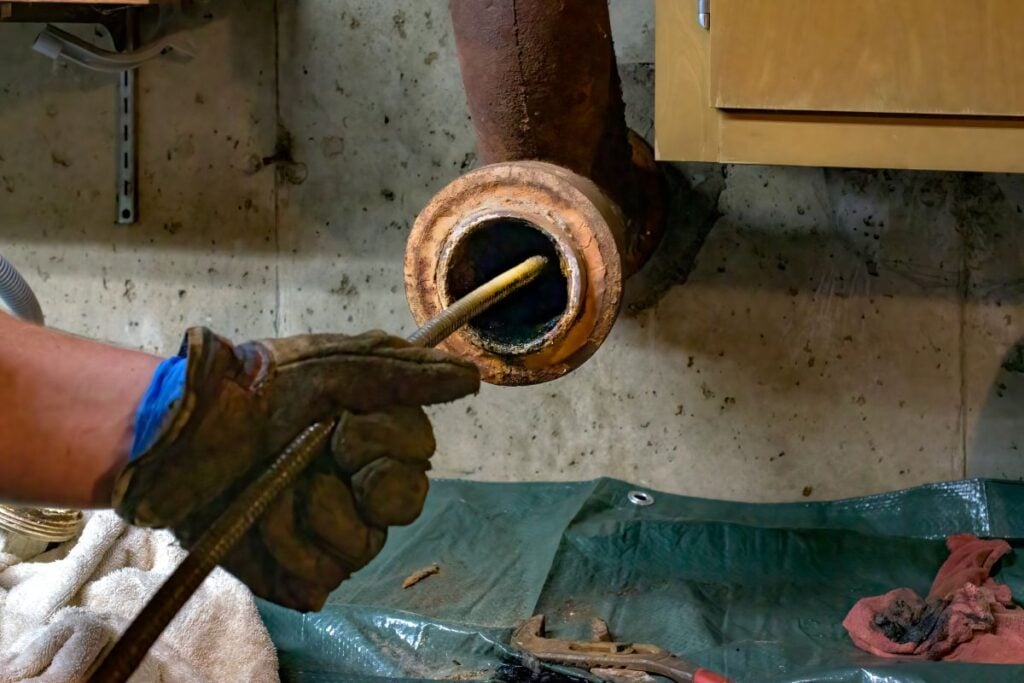 Hands of a plumber as he runs a camera scope and cleaning machine
