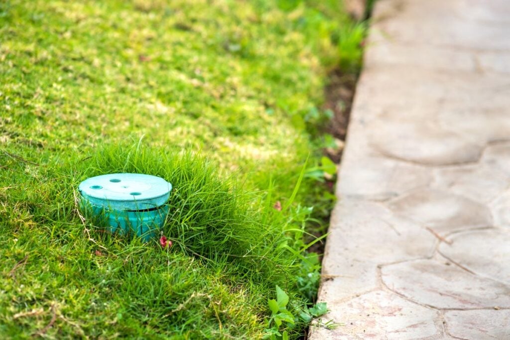 Closeup of green plastic pipe with cover on green grass lawn.
