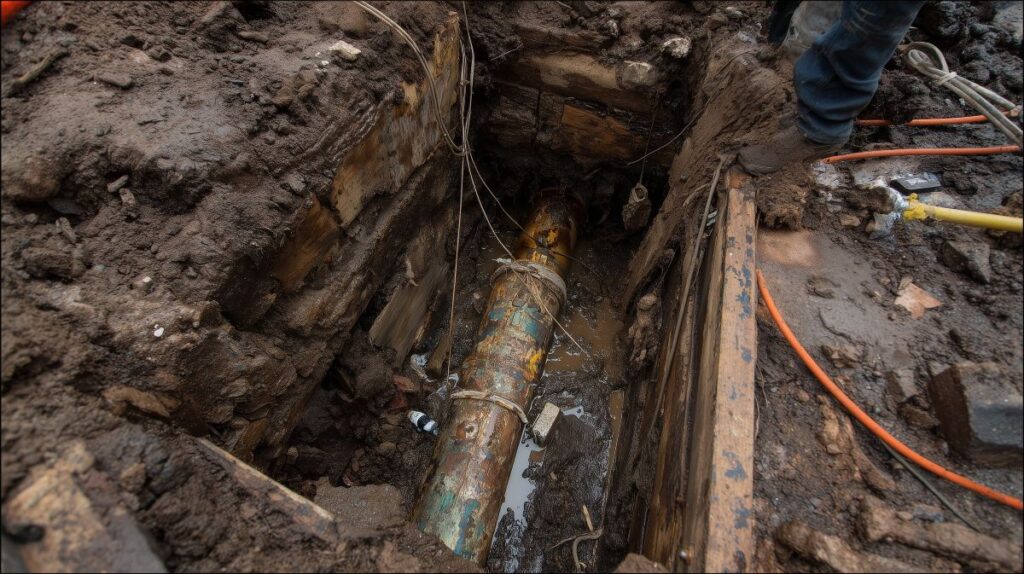 Excavated trench revealing broken clay sewer pipe with visible crack and repair crew preparing site for replacement