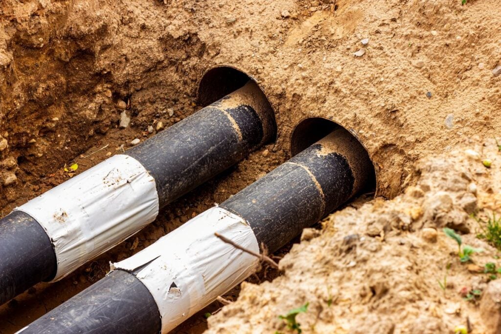 Installation of the distribution unit of heating and water supply network. Frame for connecting pipes in the trench of ground.
