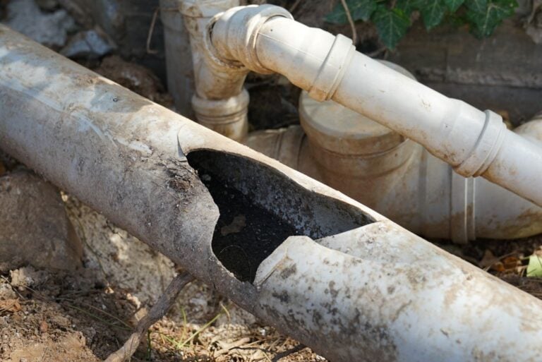 Repair and replacement of broken waste water pvc plastic sewer pipe, drainage of waste water from the house. Close-up