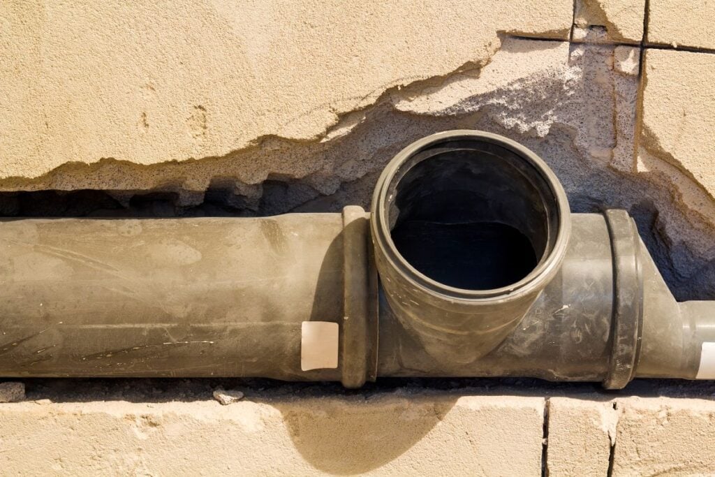 Installation of sewer pipes in a bathroom of an apartment interior during renovation works. Gray plastic drain pipe for used water.