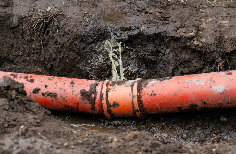 A damaged orange underground pipe leaking water and mud in an excavated trench