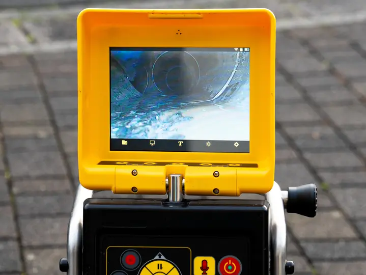 A drain cleaning company checks a blocked drain with a camera before flushing it out. Screen shows the cleaning process of the blocked pipe
