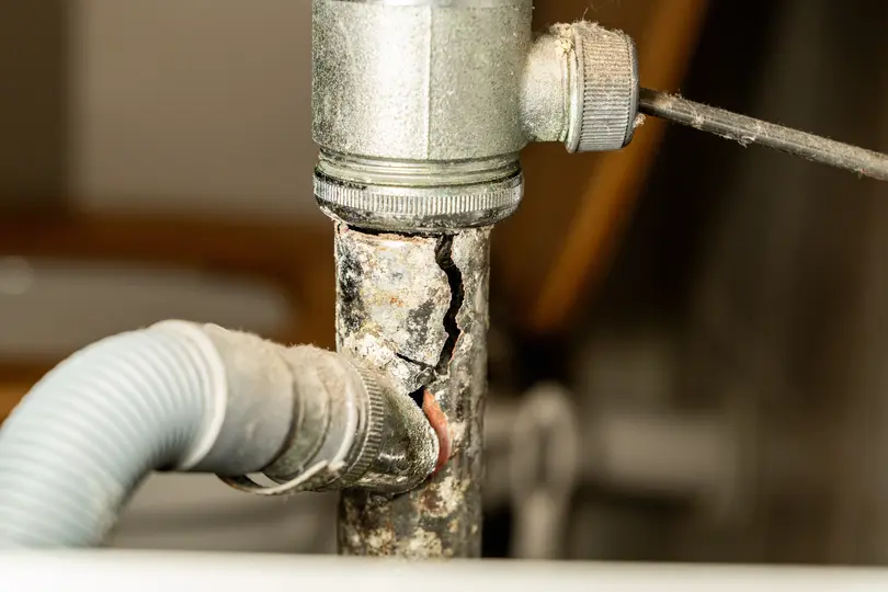 Broken drain pipe under bathroom sink, leaking water. Plumbing problem
