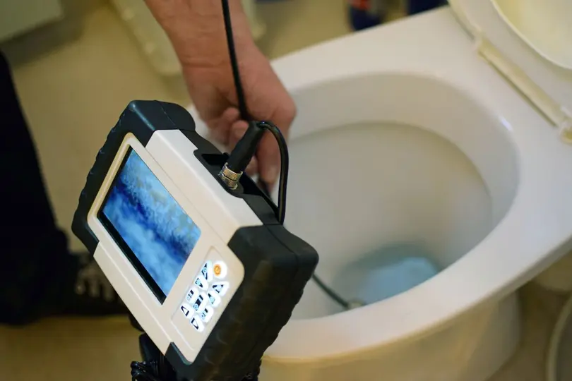 Checking clogged toilet pipe with inspection camera