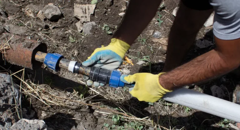 Plumber connects a water pipe in a trench