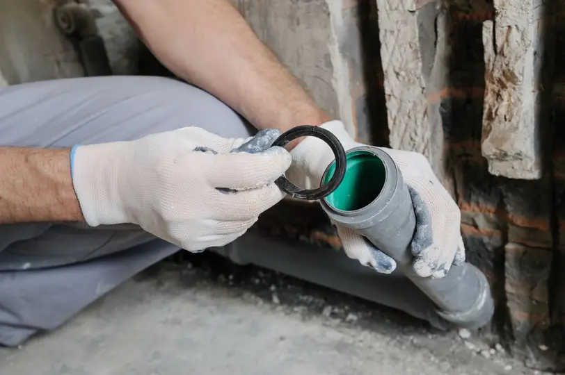 Worker's hands are installing sewer pipes
